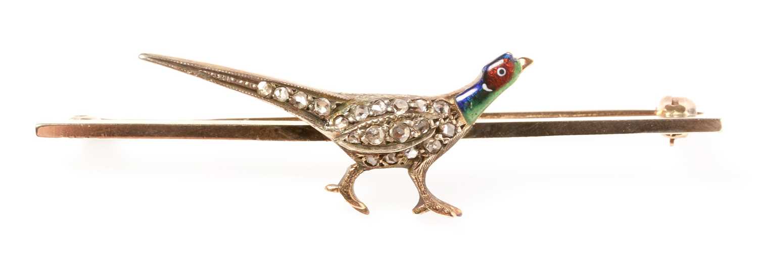 Lot 113 - Diamond and enamel pheasant bar brooch