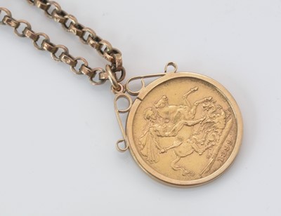 Lot 150 - Late Queen Victorian gold sovereign on pendant mount.