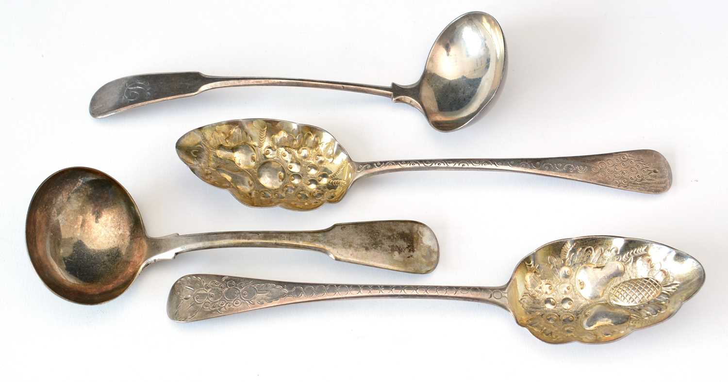Lot 248 - Two George III silver tablespoons; and two silver sauce ladles.