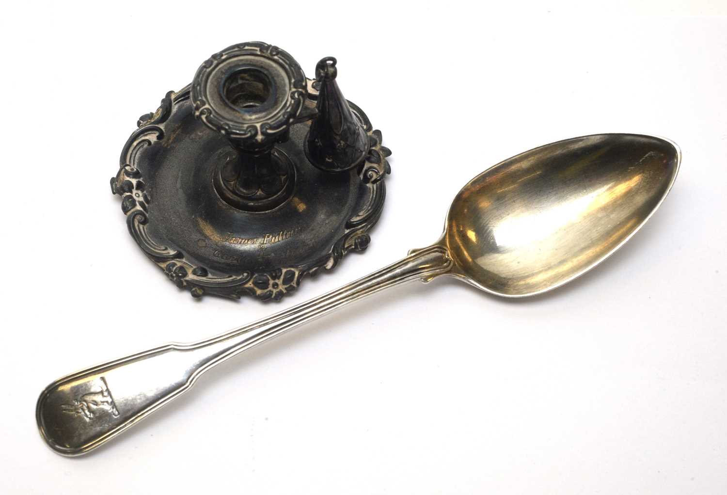 Lot 205 - Silver chamber candlestick and tablespoon