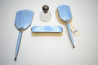 Lot 205A - Silver guilloche enamel back dressing table set; and a scent bottle.