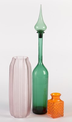 Lot 731 - Whitefriars vase, green decanter and stopper an a pink glass vase