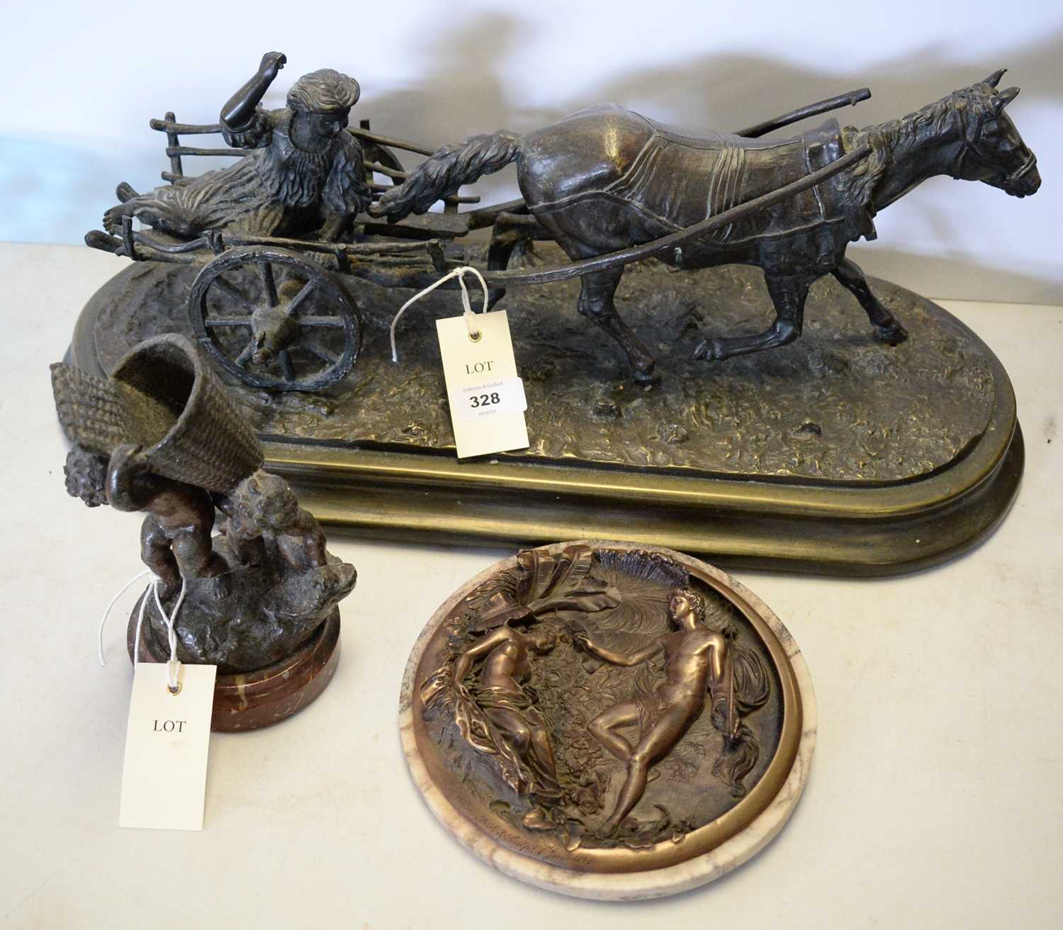 Lot 328 - Bronzed figure group of a horse and cart and two others.