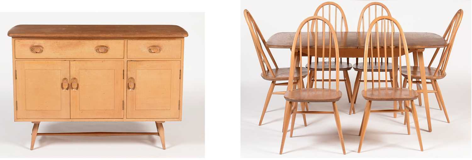 Lot 794 - Ercol Windsor style sideboard, dining table and six 'Quaker' Windsor dining chairs.