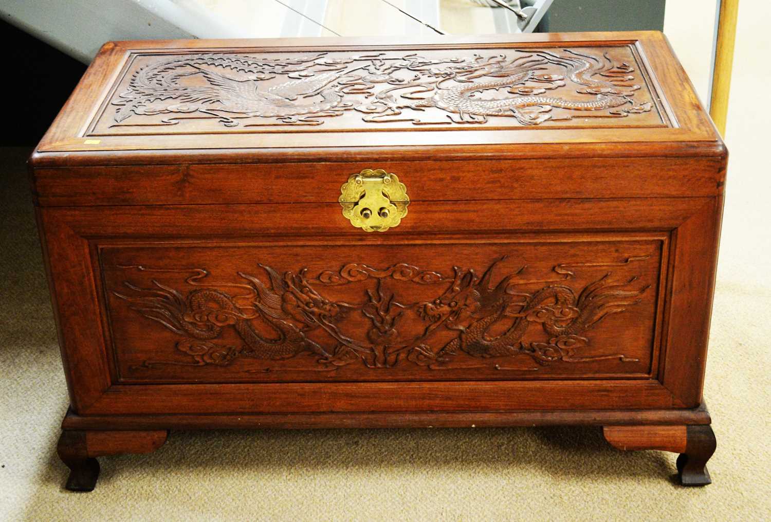 Lot 120 - 20th C Chinese sandalwood carved chest.