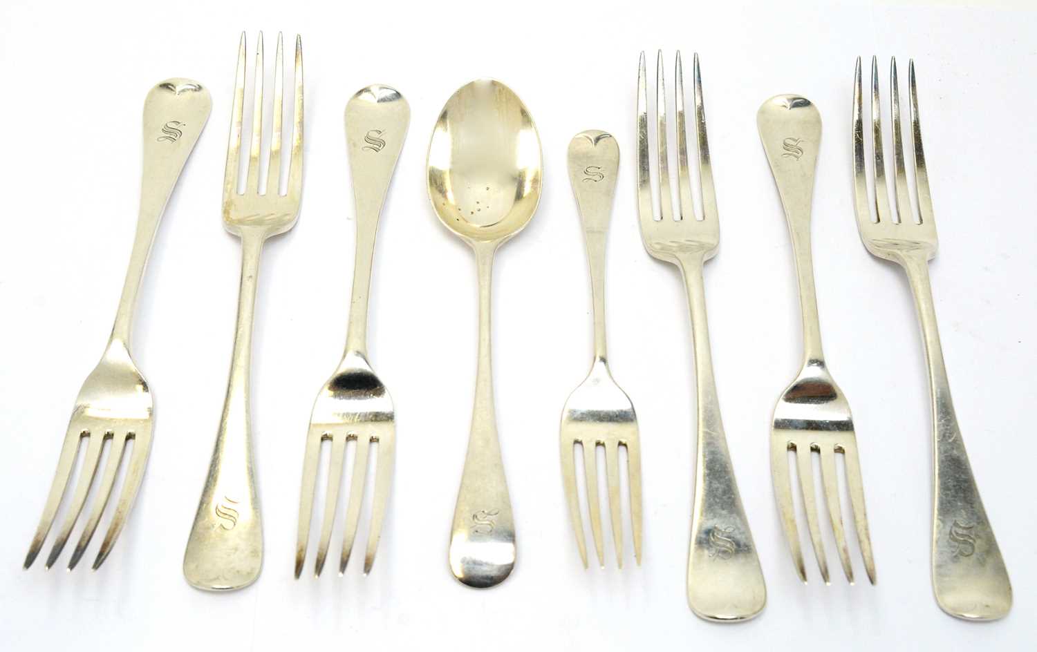 Lot 157 - Six silver table forks, and a dessert fork and spoon