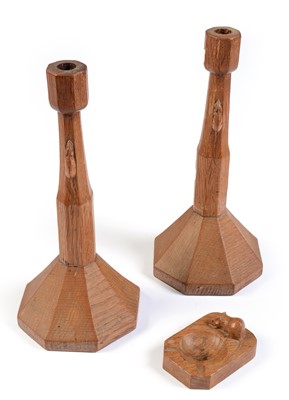 Lot 606 - A pair of Robert "Mouseman" Thompson candlesticks and an ashtray.