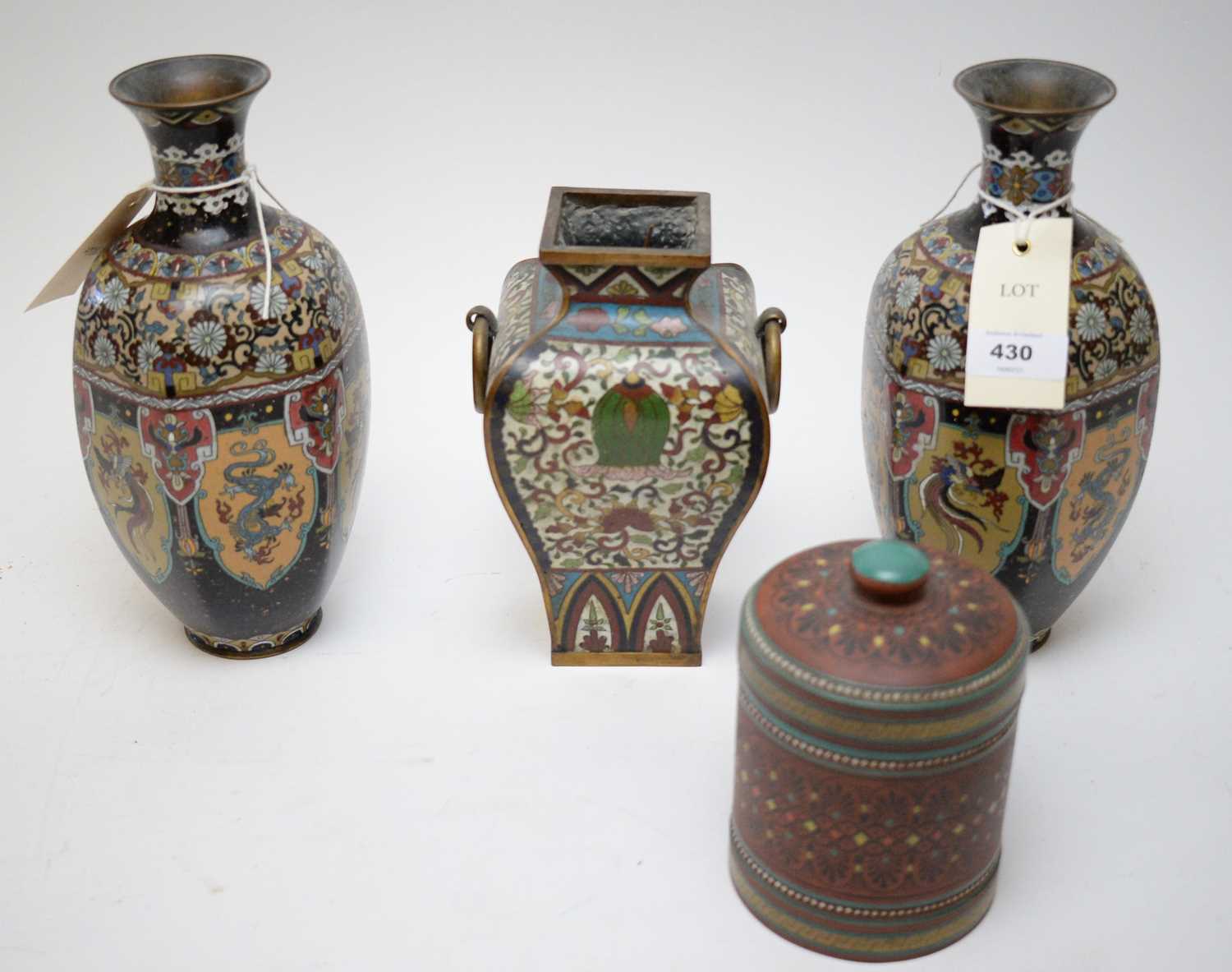 Lot 430 - Pair of Japanese cloisonne vases; Champleve vase; and Royal Doulton tobacco jar.