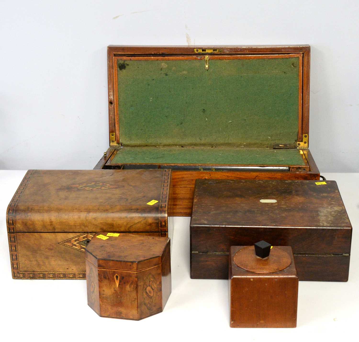 Lot 350 - Edwardian sewing box; writing boxes and tea caddies.