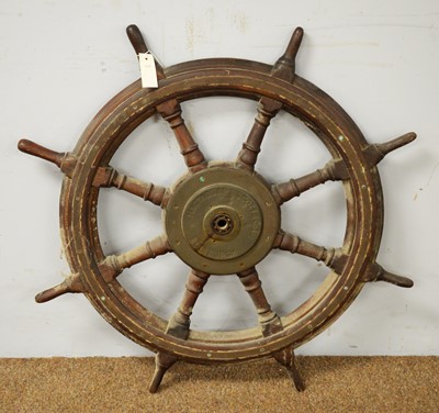 Lot 32 - Late 19th/early 20th C oak and brass ship's wheel.