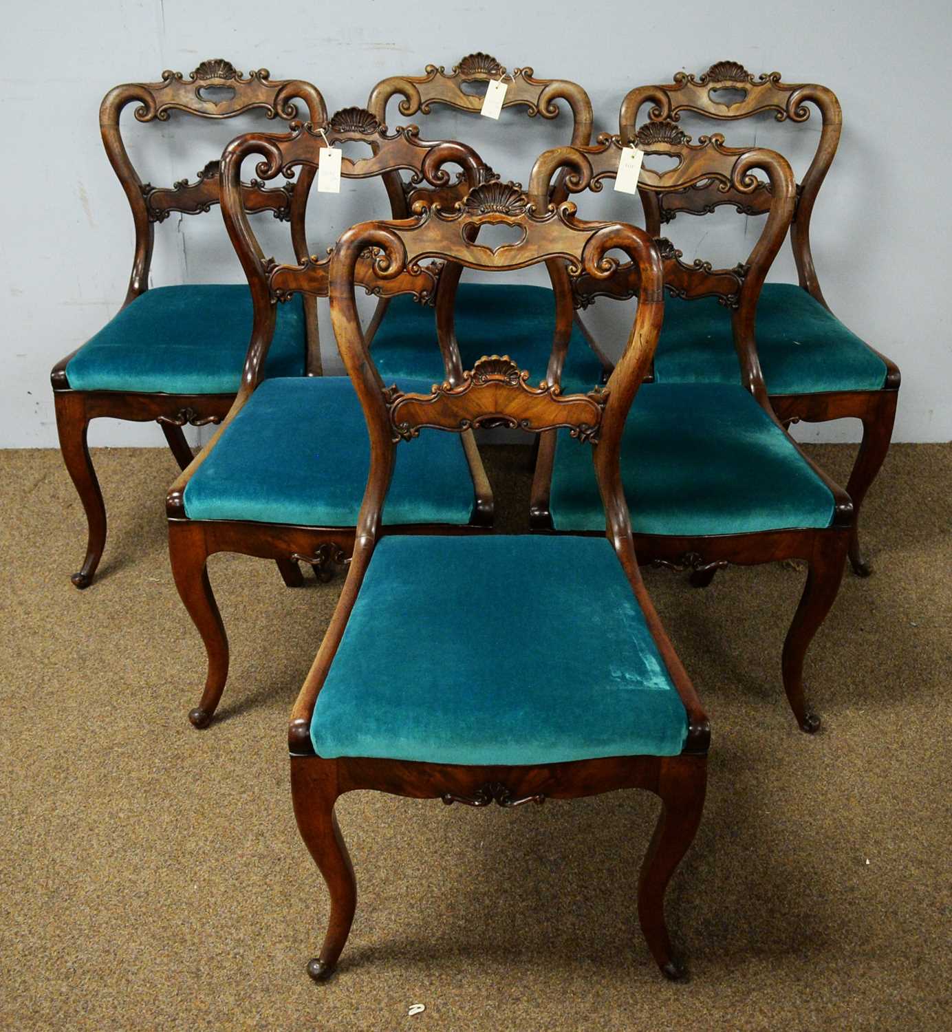 Lot 23 - Set of six early 20th C walnut spoon-back dining chairs.
