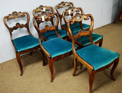 Lot 23 - Set of six early 20th C walnut spoon-back dining chairs.