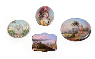 Lot 599 - Four 19th C painted enamelled plaques, various.