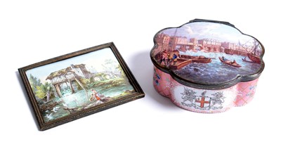 Lot 600 - 18th C enamelled trinket box; and a 19th C enamel plaque.