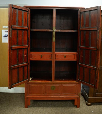 Lot 110 - Early 20th C red lacquer Chinese wardrobe.