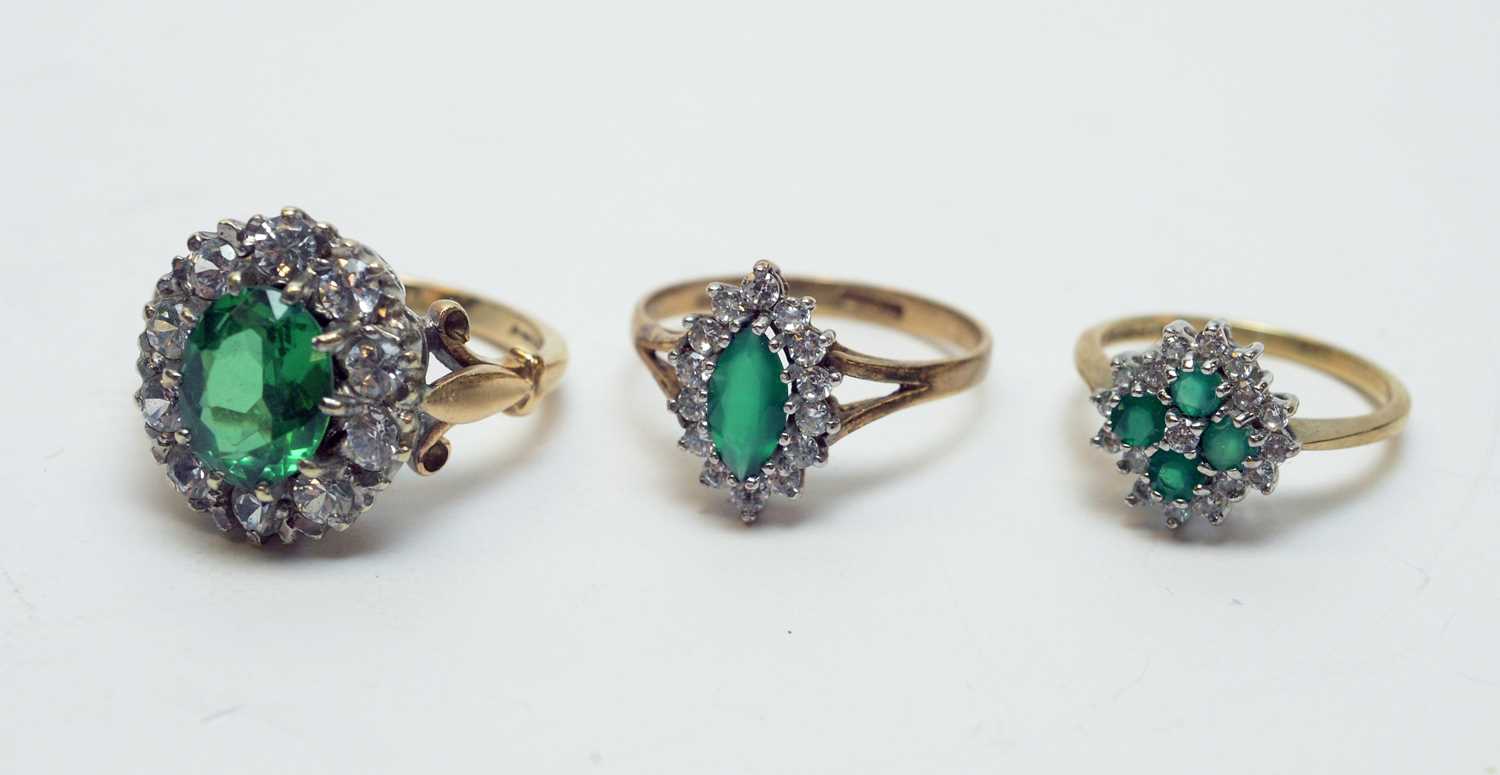 Lot 170 - Three green and white stone cluster rings
