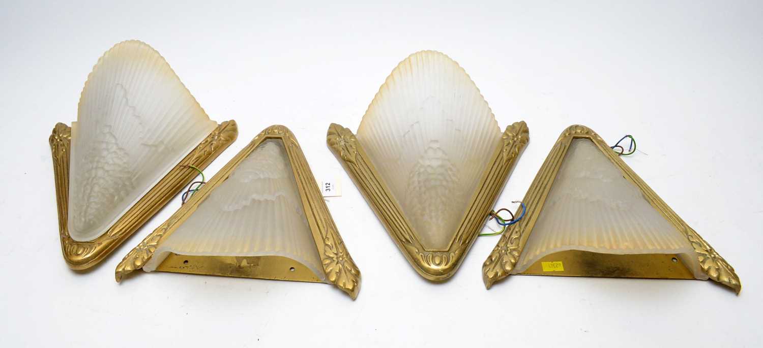 Lot 312 - Set of four Art Deco wall sconces and shades; and an additional shade.