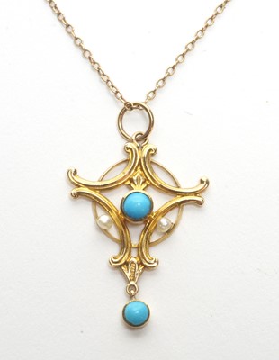 Lot 76 - An Edwardian turquoise and seed pearl pendant on chain