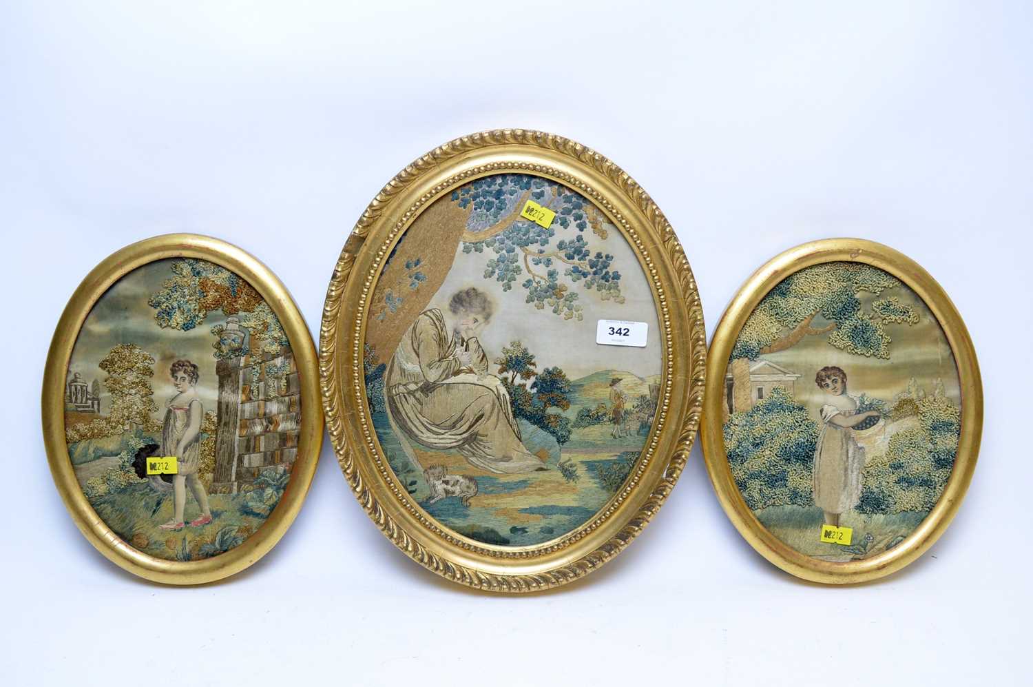 Lot 342 - Georgian needlework picture; and a pair of needlework pictures.