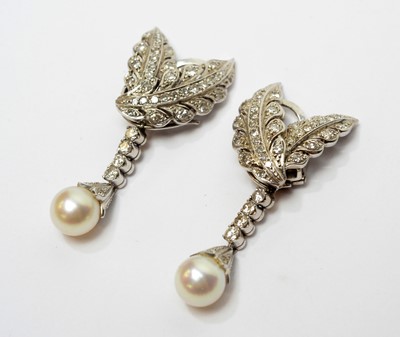 Lot 16 - A fine pair of diamond and cultured pearl earrings