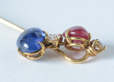 Lot 112 - A sapphire, diamond and ruby tie pin