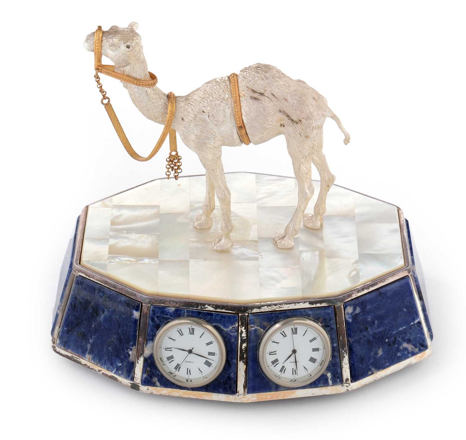 Lot 227 - A camel mounted lapis lazuli desktop clock