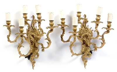 Lot 590 - Pair of 20th Century gilt metal five branch wall sconces
