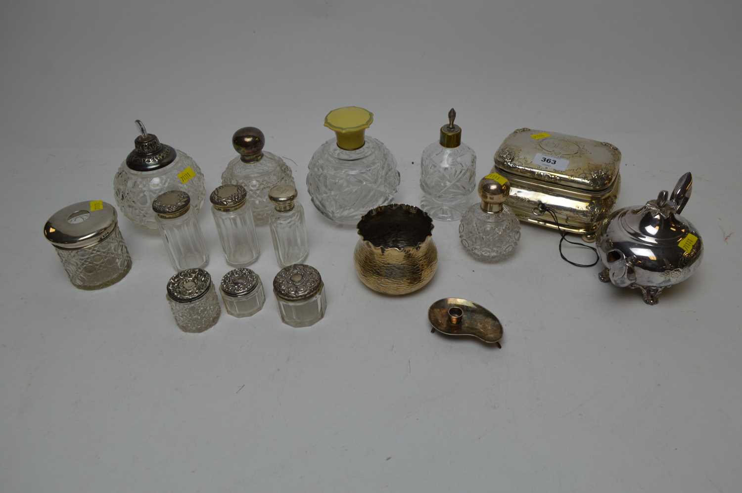 Lot 363 - Selection of silver lidded and other cut glass jars and bottles