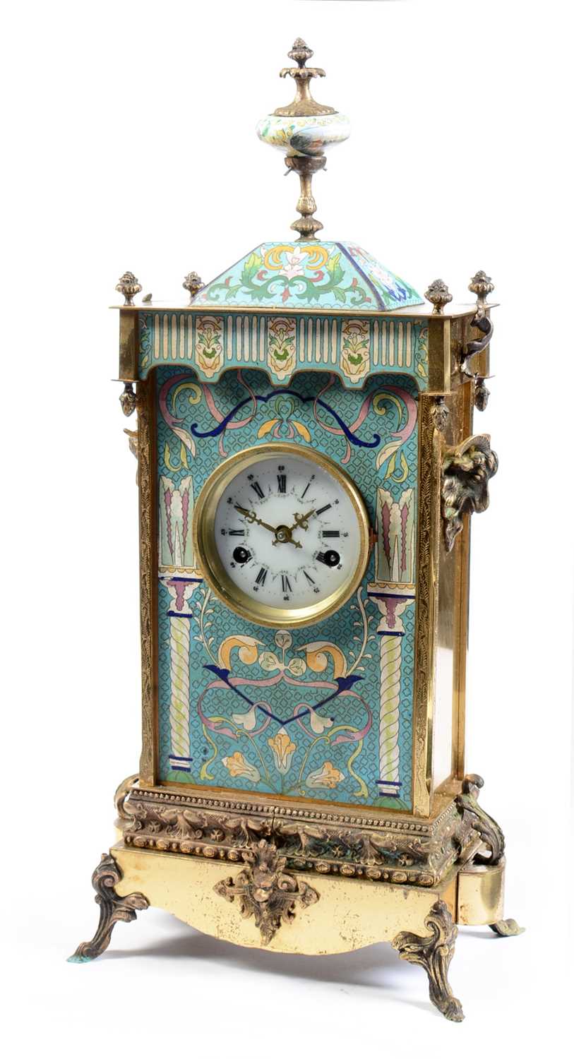 Lot 511 - A late 19th / early 20th Century Chinese cloisonne enamelled and lacquered brass mantle clock