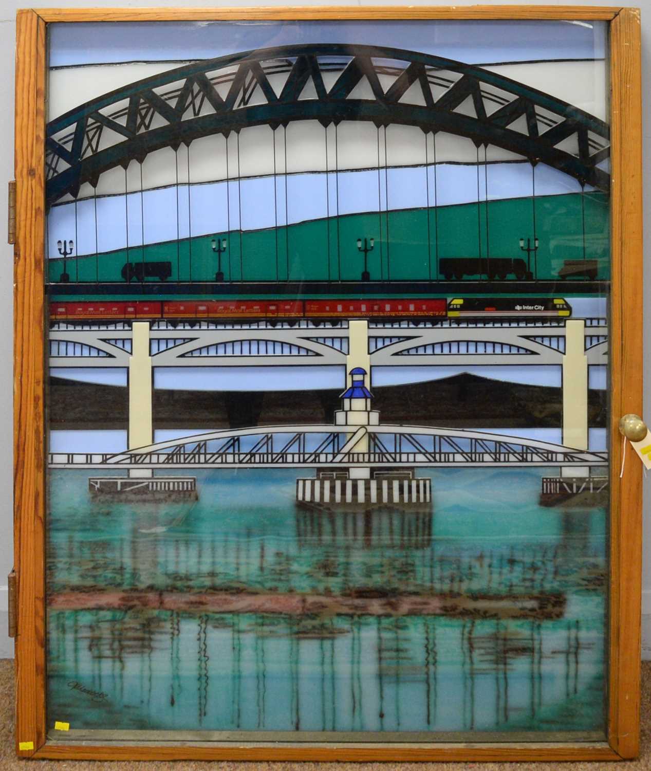 Lot 1230 - A large glass collage depicting Newcastle Bridge and the rail line