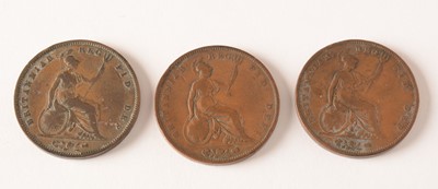Lot 127 - Three Queen Victoria pennies, 1841, 1853 and...