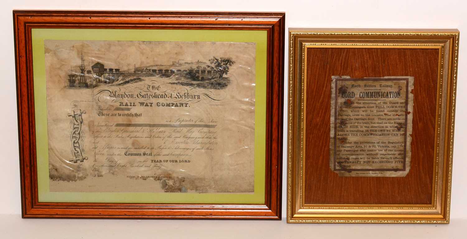 Lot 1214 - A blank Blaydon, Gateshead, Hebburn Railway Company share certificate