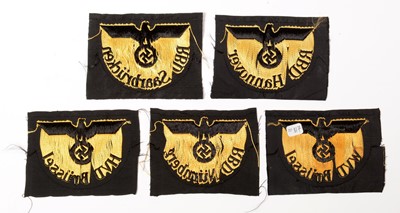 Lot 1179 - Collection of five WWII German Railway sleeve insignia