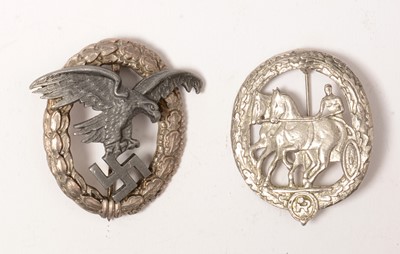 Lot 1028 - Three WWII German Luftwaffe breast badges and a repro cap badge