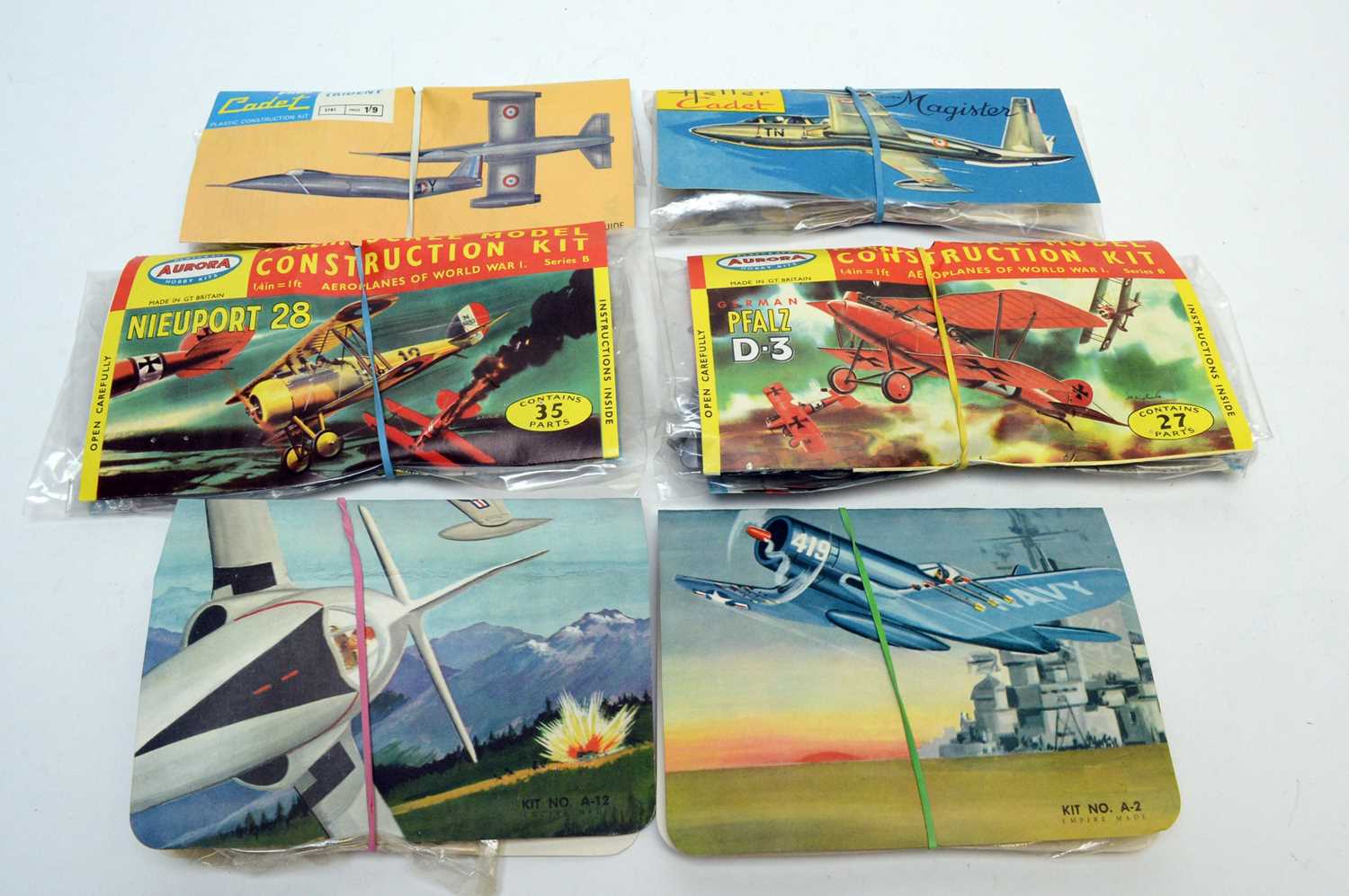 Lot 794 - Six early bagged model construction kits of military aircraft.