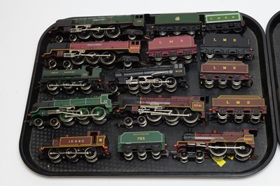 Lot 872 - Fourteen unboxed Hornby 00-gauge locomotives with tenders and carriages.