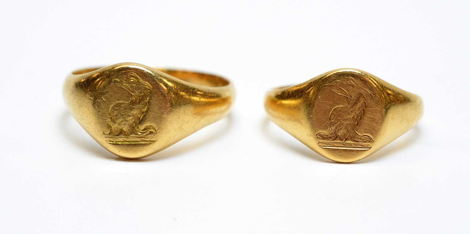 Lot 16 - Two antique 18ct gold signet rings.