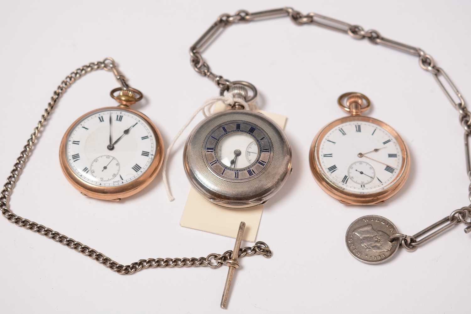 Lot 220 - A silver half-hunter pocket watch and two rolled-gold pocket watches.