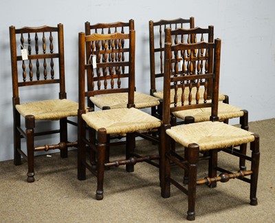 Lot 11 - 19th C Harlequin set of six spindle back and rush seat dining chairs.