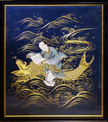 Lot 323 - A Japanese gold thread embroidered picture of a scholar and carp