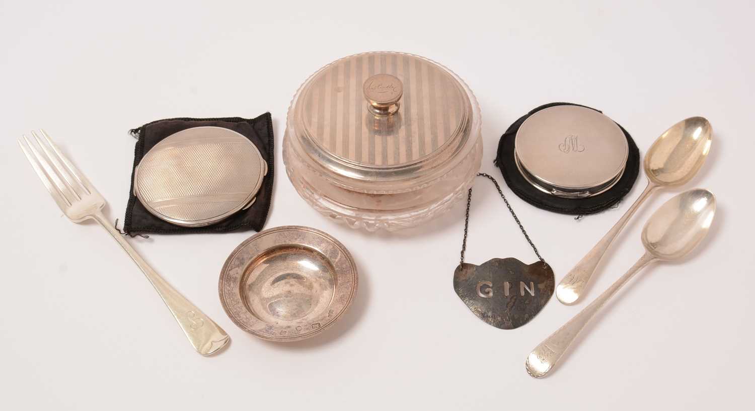 Lot 165 - Small silver items, including powder compacts, a 1930s dressing table jar, and an Armada dish.