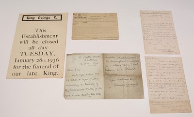 Lot 732 - A telegram sent by George VI and other items