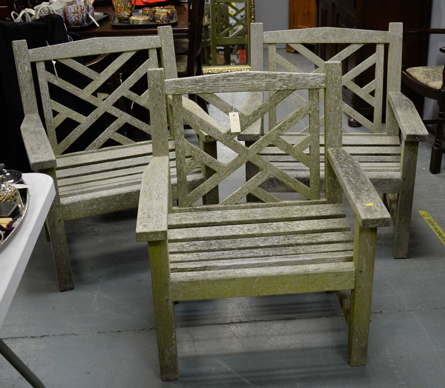 Lot 49 - 20th C set of three teak garden chairs, and a coffee table, all by Lister.