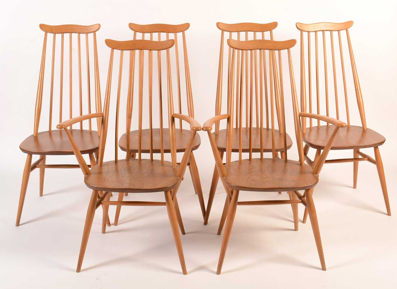 Lot 57 - Ercol: a set of six light beech and elm 'Goldsmith Windsor' dining chairs.