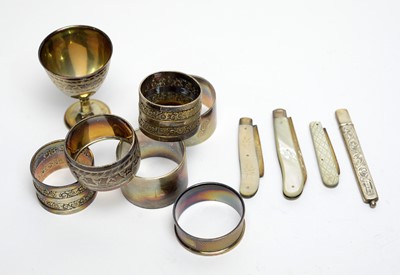 Lot 205 - A selection of silver napkin rings and other items