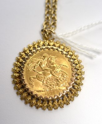 Lot 230 - A George V sovereign, 1913, in 9ct yellow gold pendant mount