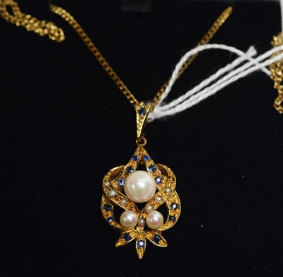 Lot 260 - A cultured pearl, seed pearl and sapphire drop pendant