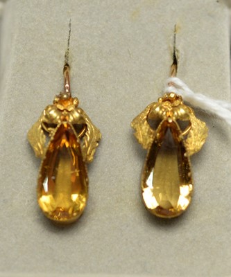 Lot 278 - A pair of Victorian yellow metal and citrine earrings