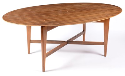 Lot 651 - An unusual 1950's oval walnut dining/boardroom table, possibly Morris & Co or Everest.