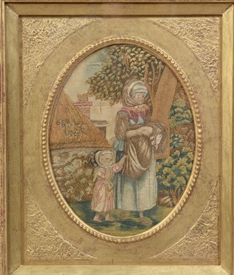 Lot 775 - A Georgian silkwork picture depicting a young mother and child.